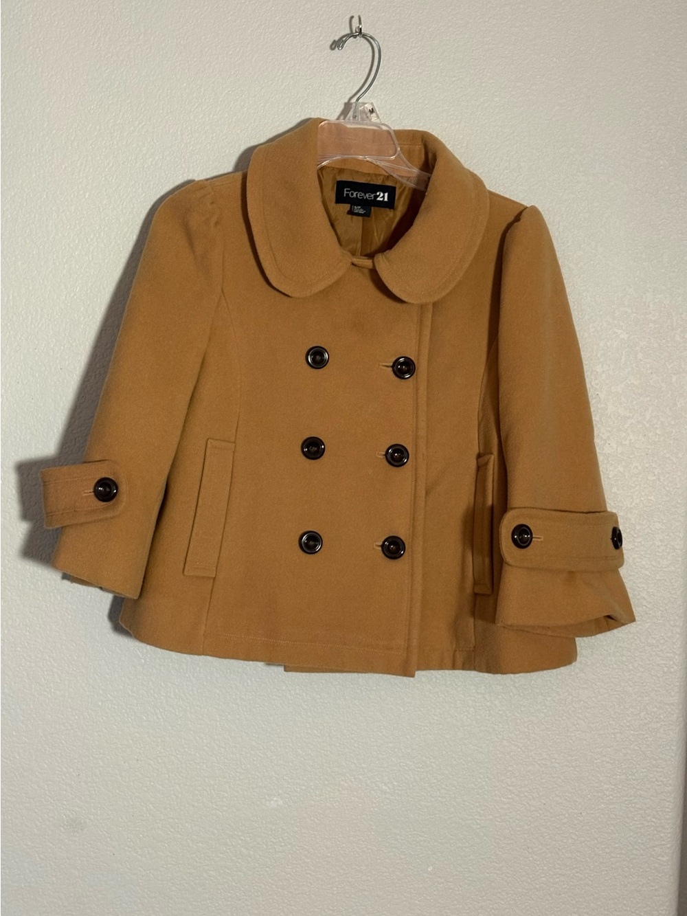 Forever 21 Camel Double-Breasted Pea Coat with Peter Pan Collar Sz Small